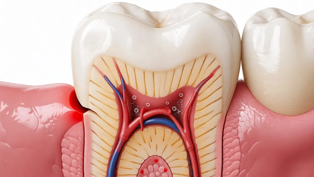 Anatomický řez předním zubem s vyznačeným kazem a zaníceným nervem.