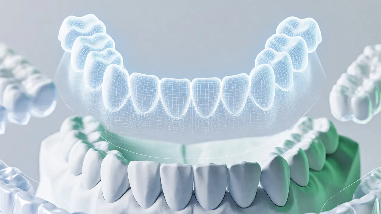 Digitální 3D model chrupu nad sádrovým otiskem a bělicí šablonou.