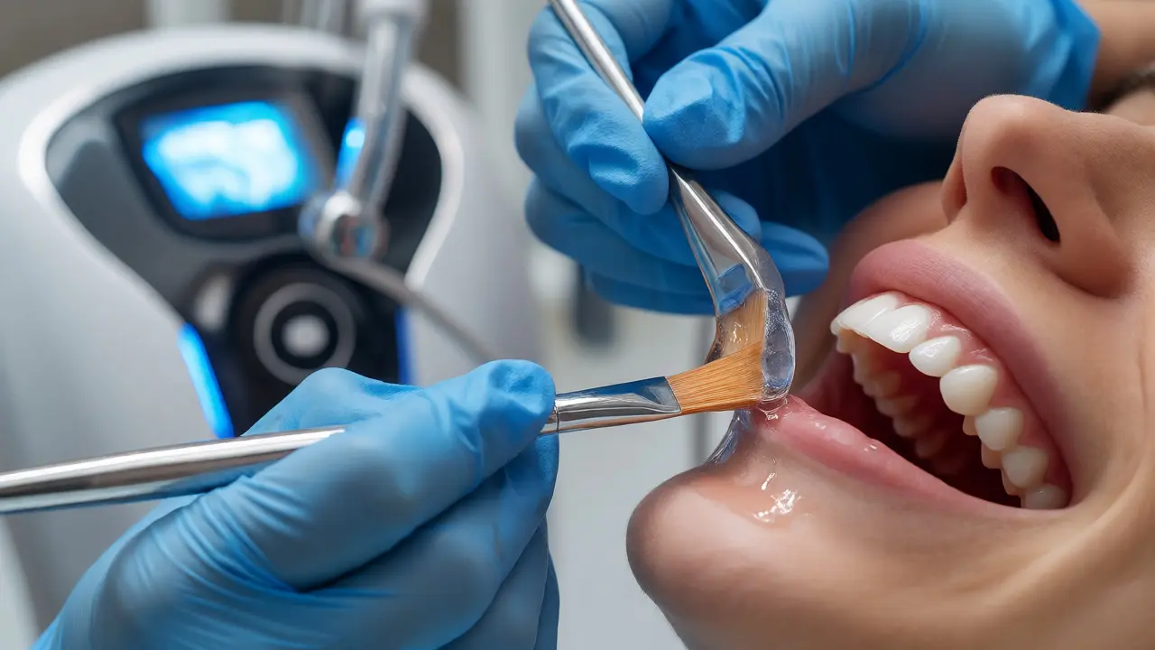 Hygienistka aplikuje ochranný gel na dásně před bělením
