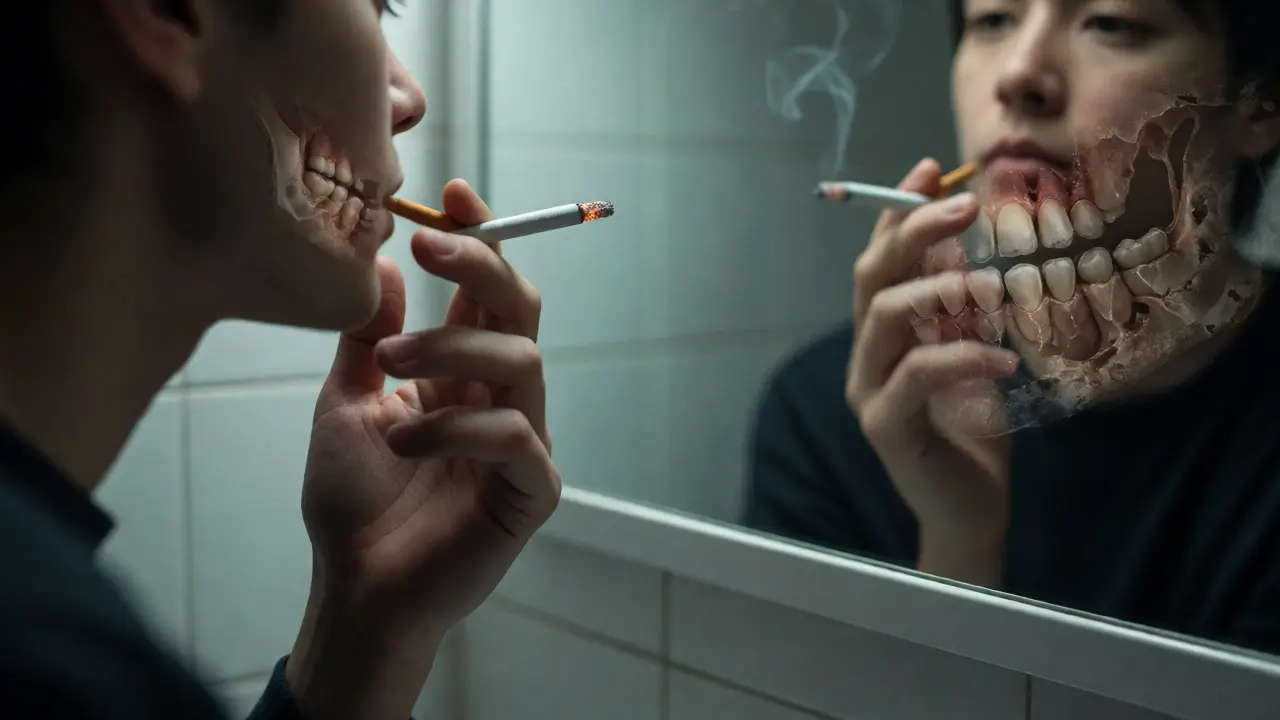 Osoba s cigaretou před zrcadlem s vizualizací poškození dásní