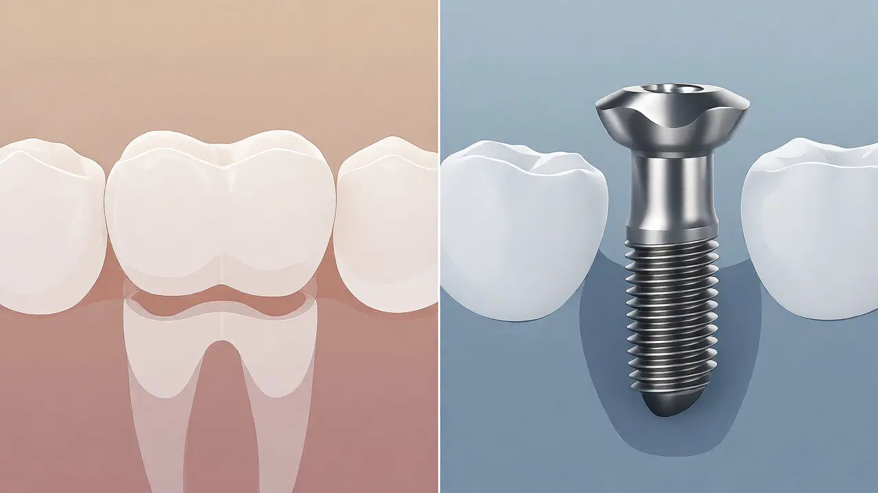 Porovnání fixního zubního můstku a samostatného zubního implantátu.