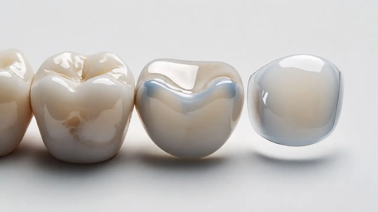 Porovnání kompozitní plomby, keramického inlaye a porcelánové fazety na bílém pozadí.