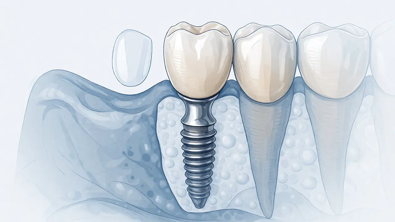 Řez čelistí zobrazující titanový dentální implantát s keramickou korunkou a náhledy dalších řešení.