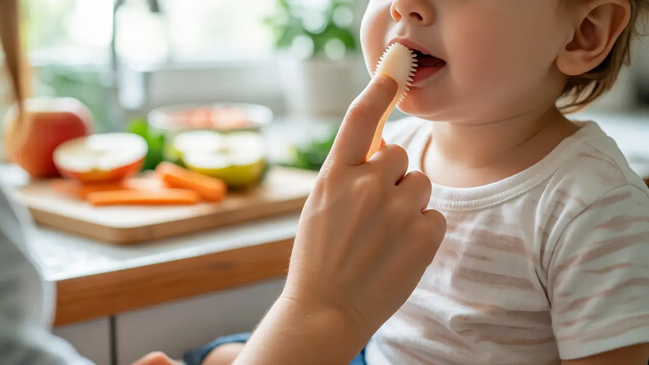 Rodič jemně masíruje dásně dítěte prstem pro úlevu od bolesti