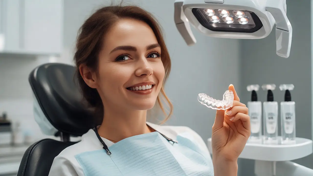 Spokojená pacientka drží bělicí šablonu v ordinaci