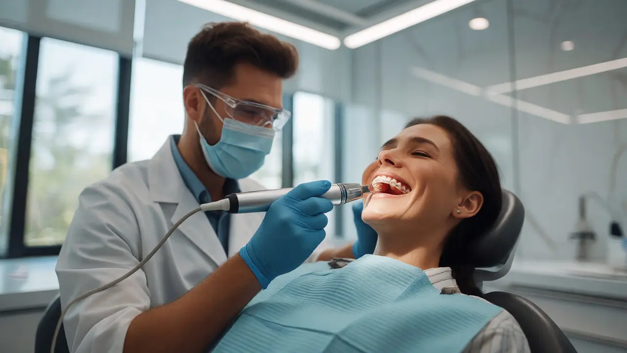 Stomatolog aplikuje laser na dásně pacienta s rovnátky